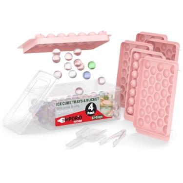 Imagem de Conjunto de 4 bandejas redondas para cubos de gelo, sem BPA, com tampa e pinças, 33 bolas de gelo por bandeja para uísque, café e coquetéis, congelamento rápido e fácil liberação, conjunto empilhável