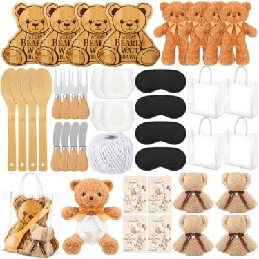 Imagem de LemonRoad 4 conjuntos de prêmios de jogo de chá de bebê para vencedores adultos, presentes de chá de panela para convidados, tábuas de corte de bambu, fraldas de urso de pelúcia, facas de venda, garfo