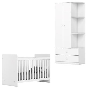 Imagem de Berco Grade Fixa e Guarda Roupa 2 P 2 G Labirinto Rustico Branco Henn