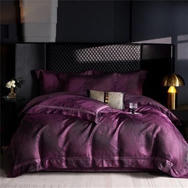 Imagem de Jogo de cama de algodão acetinado jacquard tamanho Queen/King roxo, capa de edredom, lençol de cima/com elástico e fronhas, estilo 1, Queen 200x230cm, 4 peças