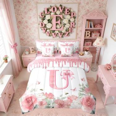 Imagem de Erosebridal Conjunto de cama solteiro com letra U com laço rosa de desenho animado em uma bolsa com lençol com monograma, estilo princesa, para crianças e adultos, conjunto de cama romântico com laço