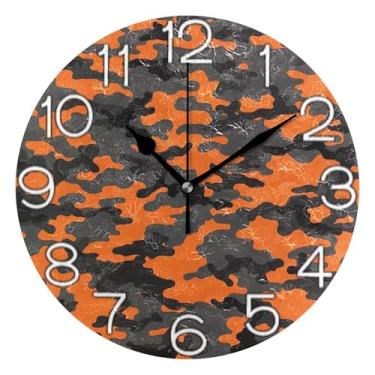 Imagem de GAIGEO Relógio de parede analógico decorativo relógio de cozinha rústico estético silencioso sem tique-taque, decoração de parede moderna para sala de estar, camuflagem clássica preto laranja, 25 cm