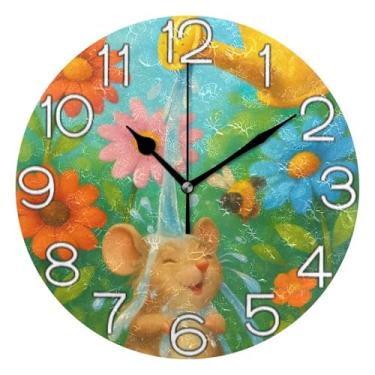 Imagem de Relógio de parede analógico decorativo relógio de cozinha rústico funky alimentado por bateria, decoração moderna de meados do século arte jardim cena mouse flores coloridas, 25 cm, ponteiros pretos