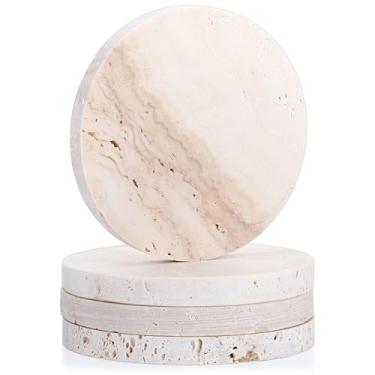 Imagem de Hpmjz Conjunto de 4 porta-copos de mármore, porta-copos de pedra travertino natural, redondo, moderno, tapete de copo de pedra 10 cm com suporte de cortiça antiderrapante, presente de inauguração de