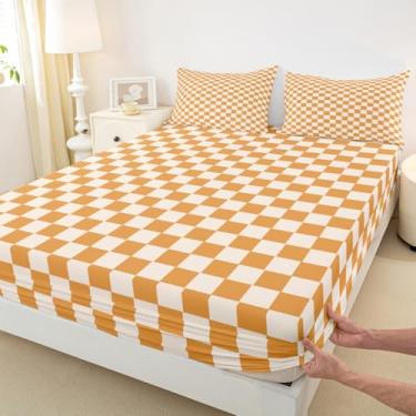 Imagem de Jogo de cama solteiro xadrez amarelo laranja, estampa geométrica, 2 peças, para decoração de quarto de crianças, adolescentes, meninas, meninos, lençol com elástico profundo, moderno, 1 fronha