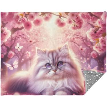 Imagem de Cobertor macio rosa flor de cerejeira gato personalizado para sofá cobertores xadrez para mulheres 177,8 cm x 139,7 cm cobertor de pelúcia estética