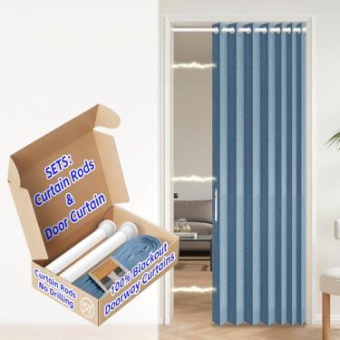 Imagem de AJAZZ Cortina magnética invisível para porta sanfonada 100% blackout para quarto, sala de estar, conjunto de cortina de entrada incluído, 1 pacote, L 139 x C 203 cm, azul