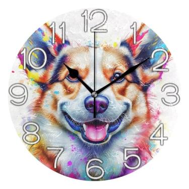 Imagem de GAIGEO Cão Corgi colorido branco bonito relógio de parede analógico decorativo relógio de cozinha rústico operado por bateria silencioso, decoração de parede retrô moderna art deco, 25 cm, ponteiros