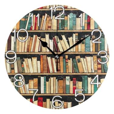 Imagem de GAIGEO Relógio de parede analógico decorativo operado por bateria relógio de escritório cozinha, decoração de parede retrô moderna art déco, livros coloridos, 25 cm, ponteiros pretos