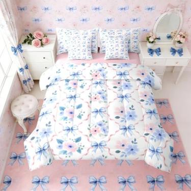 Imagem de Erosebridal Conjunto de cama solteiro com laço azul e flor rosa rosa, 7 peças, para crianças, meninas, adolescentes, mulheres, coquete, floral, decoração de quarto, decoração de quarto de aquarela