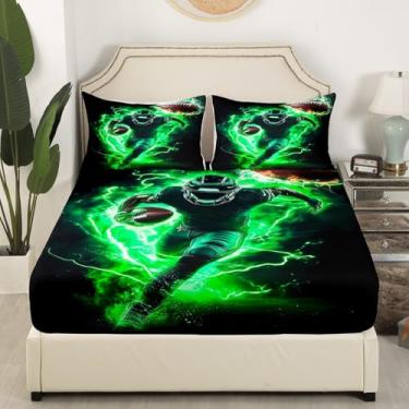 Imagem de Lençol de elástico de futebol americano, coleção de jogadores de futebol americano, tema relâmpago verde, tecido decorativo macio, bolso profundo para crianças, adolescentes, meninos e meninas, com 2