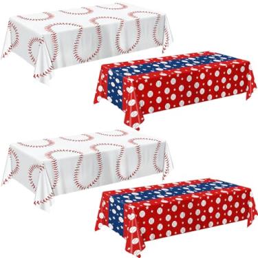 Imagem de Oigco Pacote com 4 toalhas de mesa de beisebol, decoração de festa de beisebol, capa de mesa de plástico descartável para jogos esportivos, festa de aniversário, 137 x 272 cm