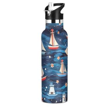 Imagem de Joisal Garrafa de água isolada de 590 ml com tampa e alça de palha, garrafa de água a vácuo de parede dupla para escola, copos de viagem de aço inoxidável à prova de vazamento para crianças, veleiros