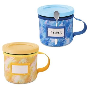 Imagem de 2 peças de mangas de neoprene para sorvete, impressões tie-dye reutilizáveis, capa isolada para canecas de sorvete Ninja Creami com alça de suporte de colher e slot para placa de nome (473 ml, estilo