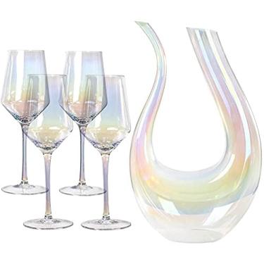 Imagem de Garrafa Decantadora de Vinho, Aerador Decantador de Vinho Soprado à Mão, Grande Decantador de Vinho Tinto Conjunto de 5, Copo de Cristal 100% Sem Chumbo (Arco-íris)