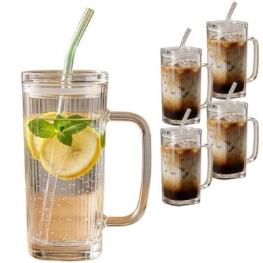 Imagem de Copo de Vidro Canelado com Tampa e Canudo, 250ml, Transparente, Quadrangular, Reutilizável, 13cm Altura, Design Plissado Retrô (1)