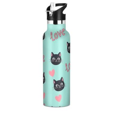 Imagem de Joisal Garrafa de água verde de corações de gatos pretos fofos com tampa de palha, garrafas de água isoladas de aço inoxidável para meninos e meninas, copo de viagem de parede dupla à prova de