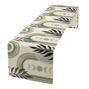 Imagem de Caminho de mesa de folhas boho, boêmia, palmeira de meados do século, folhas tropicais, abstratas, modernas, minimalistas, decoração de mesa de jantar para casamento, ambientes internos e externos, 33