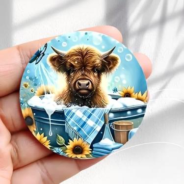 Imagem de Ímã de geladeira vintage fofo bezerro banho bolha girassóis design -5,8 cm acrílico redondo adesivo de geladeira decoração retrô presente tamanho perfeito para geladeira, armário ou qualquer