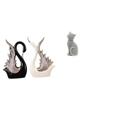 Imagem de Whtkoph Elegantes Estatuetas de Cisne E Gato, Esculturas de Animais em Cerâmica E Resina para Mesa, Estante, Aniversário, Lareira, Entrada, Estante de Livros.