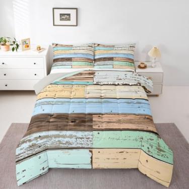 Imagem de jejeloiu Conjunto de edredom colorido de grão de madeira retrô para todas as estações, casa de fazenda, com 2 fronhas, moderno, abstrato, microfibra, rústica, decoração de quarto, edredom