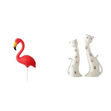 Imagem de Whtkoph Figura Decorativa de Jardim com Um Par de Flamingos E Gatos, Ideal Como Presente de Primavera, Natal Ou Como Peça de Coleção para Decoração de Mesa.