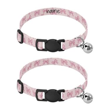 Imagem de SEHANY Conjunto de 2 coleiras de cachorro com laço rosa fofo, fivela de plástico resistente, leve, macia e leve, com sino pequeno, coleiras personalizadas com nome de animal de estimação para meninos
