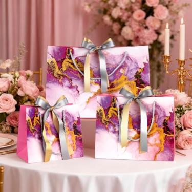 Imagem de DONQE Sacos de presente de papel com alças e fita de laço, sacos de brindes S+M+L a granel, sacolas reutilizáveis de festa para aniversário, Natal e casamento