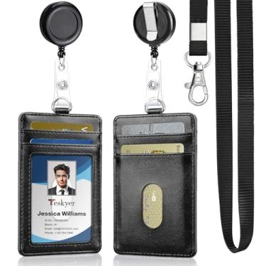 Imagem de Teskyer Porta-crachá de couro PU com cordão e 1 carretel retrátil, 4 compartimentos atualizados para cartões de identificação para funcionários da escola de escritório, crachás de identificação