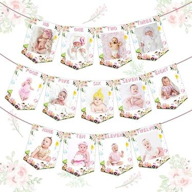 Imagem de Faixa de foto mensal com tema animal de fazenda rosa para meninas - Banner de foto de primeiro aniversário de bebê, exibição de fotos de recém-nascido a 12 meses, tema de celeiro de guirlanda de