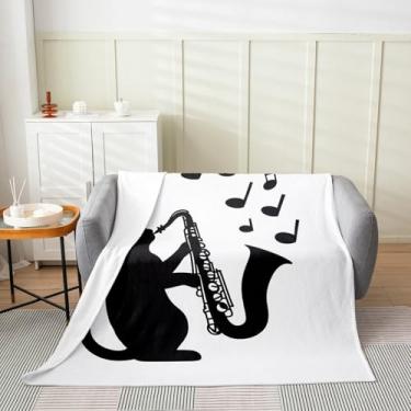 Imagem de Erosebridal Cobertor de gato preto, cobertor de lã com tema de música de saxofone, 127 x 152 cm, cobertor com notas musicais, preto e branco, cobertor felpudo instrumento musical para crianças,