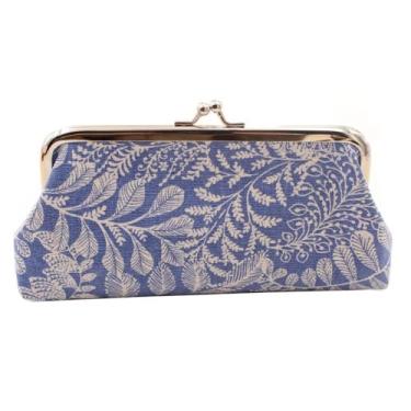 Imagem de Bolsa longa com fecho de beijo, bolsa clássica, porta-cartões, de lona, elegante, bolsa de armazenamento de folhas e moedas, carteira, Azul claro, Bolsa para moedas