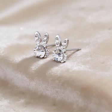 Imagem de Brincos femininos em forma de coelho com design de diamante falso brilhante, fofos e exclusivos, adequados para o dia a dia e qualquer ocasião.