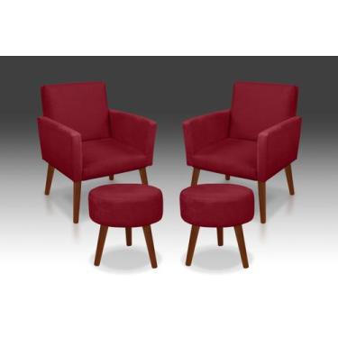 Imagem de Kit 02 Poltrona Nina +02 Puf Redondo Suede Vermelho -Modena Decor  - C