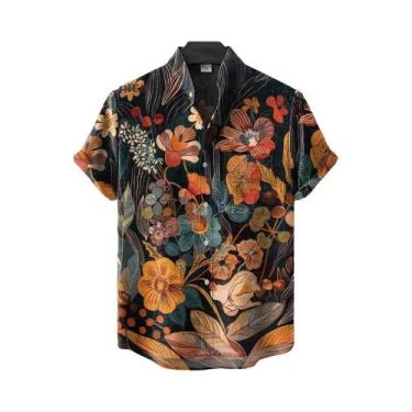Imagem de Camisa Masculina De Linho Com Estampa Artística Florestal De Manga Cur