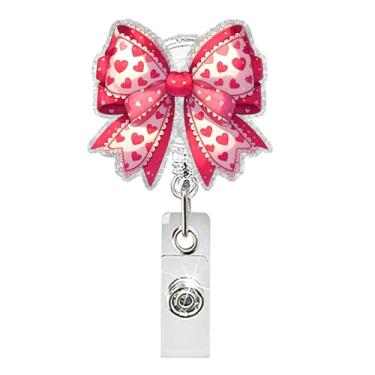 Imagem de Porta-crachá retrátil para Dia dos Namorados, laço de fita rosa, carretel de crachá com clipe seguro de cinto para chaves, coração rosa, porta-cartões de identificação resistentes para crachás