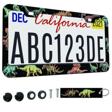 Imagem de 1 peça de moldura de placa de licença para mulheres, molduras decorativas de carro femininas, suporte de capa de placa de carro com etiqueta de chaveiro de carro dupla face (para dinossauros coloridos
