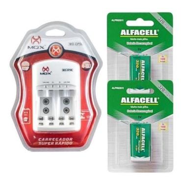 Imagem de Kit 2 Baterias 9v Recarregavel + Carregador Bivolt - Alfacell