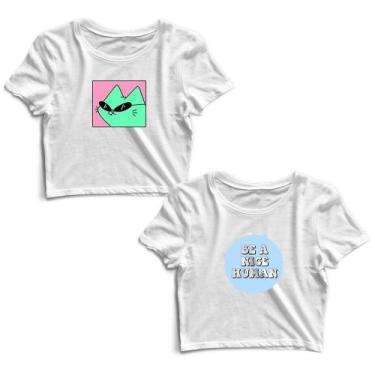 Imagem de Kit 2 Blusas Cropped Tshirt Feminina Gatinho Óculos e Frases - Goup Su