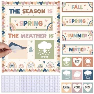 Imagem de Boho, calendário de estação e clima, quadro de avisos, pôsteres com cartões meteorológicos, pontos de gancho e laço para sala de aula, quadro de avisos, decoração de parede, pré-escola, jardim de