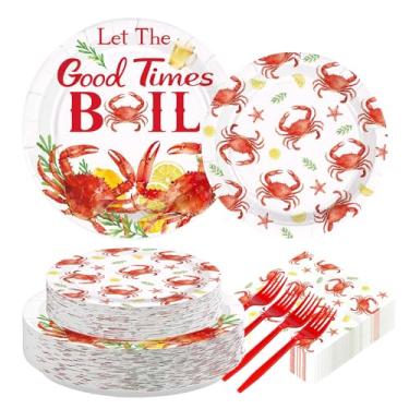 Imagem de Greencian 200 peças de decorações de festa de caranguejo pratos e guardanapos para ferver caranguejo vermelho frutos do mar conjuntos de utensílios de mesa descartáveis para churrasco, piquenique