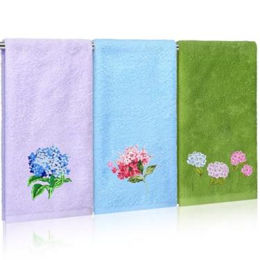 Imagem de SmoothNovelty 3 peças de toalhas de mão de flores de primavera para banheiro 35 x 73 cm bordadas hortênsias florais decorativas toalhas de banheiro algodão macio absorvente hortênsia pano de cozinha