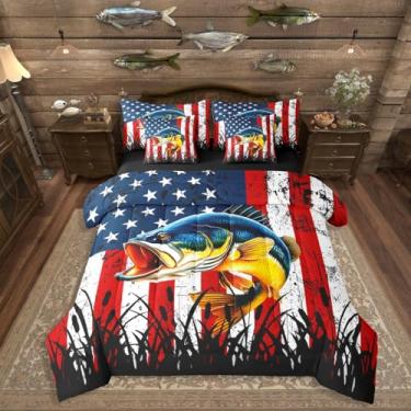 Imagem de Erosebridal Jogo de cama King com estampa de peixe robalo, bandeira americana, listrada, bolsa com lençol com lençol com lençol com estampa de lúcio, peixe, animal, caça, para meninos, adolescentes e