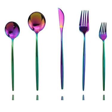 Imagem de Conjunto de talheres de prata preto brilhante, JASHII 20 peças de aço inoxidável com acabamento acetinado conjunto de talheres de cozinha, conjunto de utensílios de cozinha polido espelhado, conjunto de talheres para casa e restaurante, lavável na máquina de lavar louça, Rainbow, Service for 4