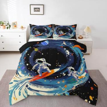 Imagem de Erosebridal Conjunto de edredom Queen de astronauta do surfe, planeta e universo do espaço sideral, para decoração de quarto de crianças, meninos, meninas, tema de surfe, oceano, surf, azul, 3 peças