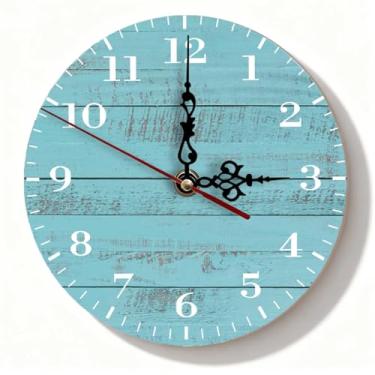 Imagem de Relógio de parede de madeira azul aqua, silencioso, sem tique-taque, operado por bateria para cozinha, sala de estar, quarto – estilo rústico de praia, 19 cm