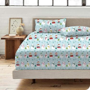 Imagem de KRISHNA Jogo de lençóis estampados de 4 peças, microfibra escovada de luxo, macio e respirável, lençol com elástico profundo de 30,5 cm, Queen, bonecos de neve estrelados