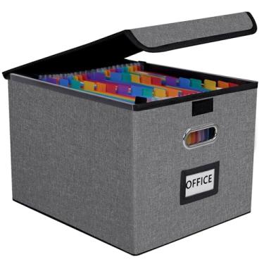 Imagem de Fuonsyn Caixa organizadora de arquivos com pasta sanfonada de 25 bolsos, pasta de arquivos e tampa protetora - armazenamento de documentos para casa, escritório, escola, cinza claro