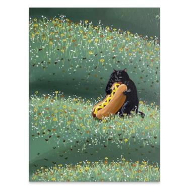 Imagem de FoxUncle Arte de parede de gato preto e cachorros-quentes, pôsteres engraçados de animais caprichosos, estampas em tela de flores silvestres coloridas e divertidas, decoração de parede estética fofa