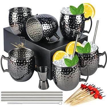 Imagem de Canecas Moscow Mule - Conjunto de 6 canecas de aço inoxidável banhadas a preto de 510 g Caneca de coquetel de bebida gelada com jigger duplo (6 peças)